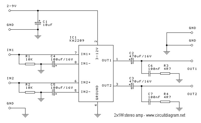Circuit Diagram For Speakers With External Power Supply - 2x1w Stereo Amplifier With Ic Ka2209 - Circuit Diagram For Speakers With External Power Supply