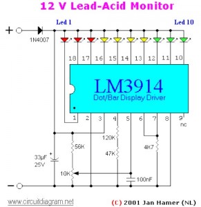  12V Lead-Acid battery. Battery power level will be indicated by LEDs