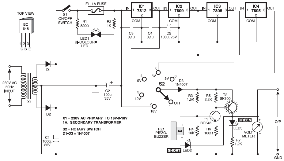 Shecmatic Indikator Short Dircuit Diagram - 4 Output Stage 5v   6v9v12v Stabilized Dc Power - Shecmatic Indikator Short Dircuit Diagram